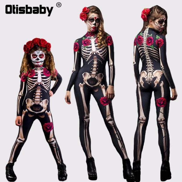 Halloween Masquerade Costume Mother Kids Scary Skull Skeleton One Piece Rose Bodysuit Carnival Girl Family Look Matching Clothes - Image 14