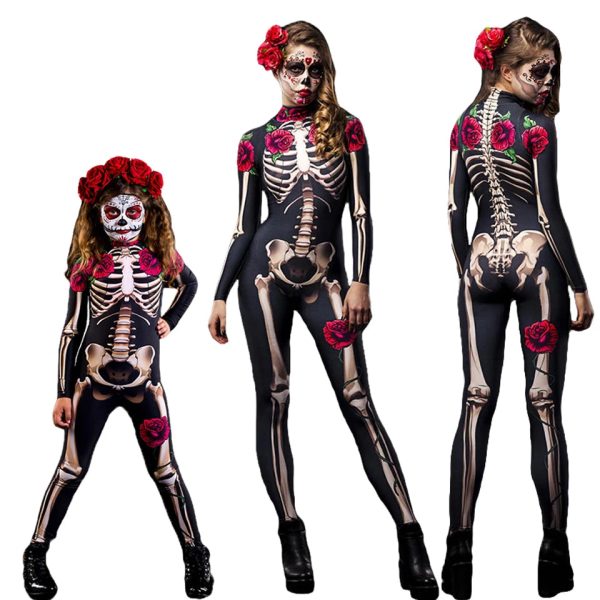 Halloween Masquerade Costume Mother Kids Scary Skull Skeleton One Piece Rose Bodysuit Carnival Girl Family Look Matching Clothes - Image 29