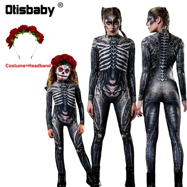Halloween Masquerade Costume Mother Kids Scary Skull Skeleton One Piece Rose Bodysuit Carnival Girl Family Look Matching Clothes - Image 9