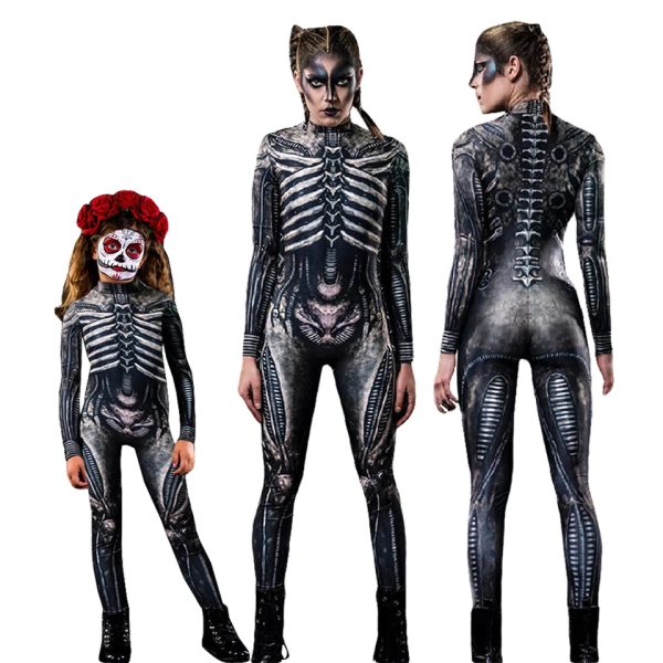 Halloween Masquerade Costume Mother Kids Scary Skull Skeleton One Piece Rose Bodysuit Carnival Girl Family Look Matching Clothes - Image 35