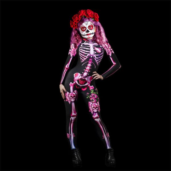Halloween Masquerade Costume Mother Kids Scary Skull Skeleton One Piece Rose Bodysuit Carnival Girl Family Look Matching Clothes - Image 23