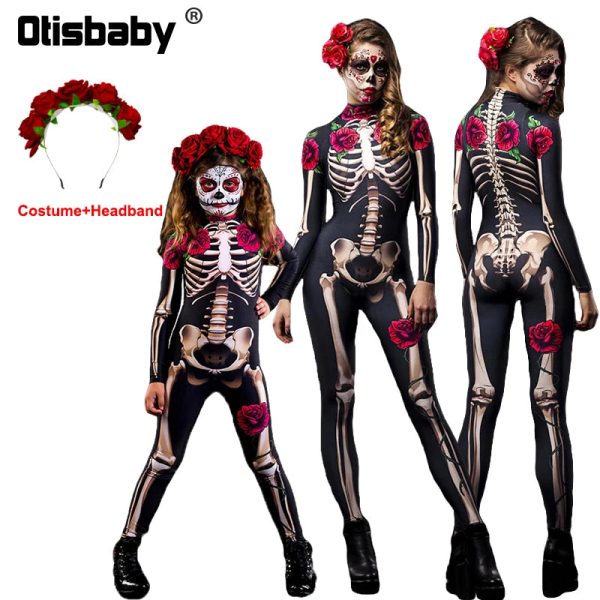 Halloween Masquerade Costume Mother Kids Scary Skull Skeleton One Piece Rose Bodysuit Carnival Girl Family Look Matching Clothes - Image 10
