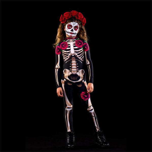 Halloween Masquerade Costume Mother Kids Scary Skull Skeleton One Piece Rose Bodysuit Carnival Girl Family Look Matching Clothes - Image 32