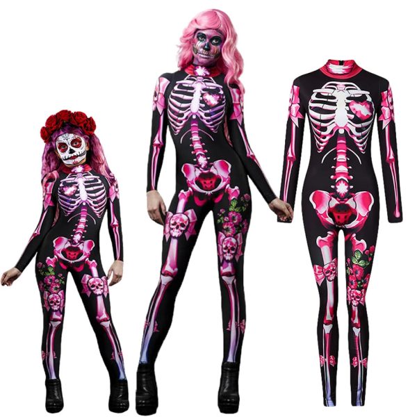 Halloween Masquerade Costume Mother Kids Scary Skull Skeleton One Piece Rose Bodysuit Carnival Girl Family Look Matching Clothes - Image 19