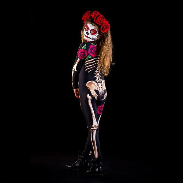 Halloween Masquerade Costume Mother Kids Scary Skull Skeleton One Piece Rose Bodysuit Carnival Girl Family Look Matching Clothes - Image 33
