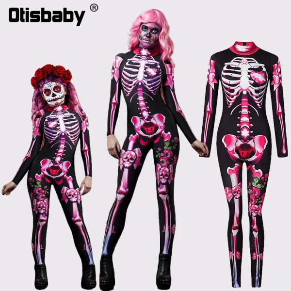Halloween Masquerade Costume Mother Kids Scary Skull Skeleton One Piece Rose Bodysuit Carnival Girl Family Look Matching Clothes - Image 11