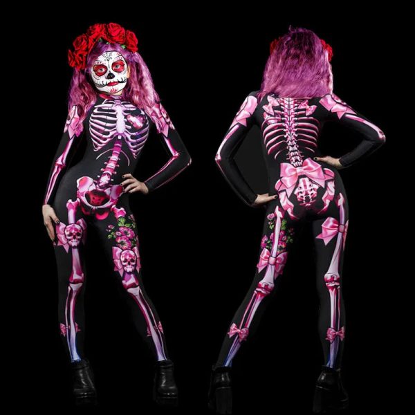 Halloween Masquerade Costume Mother Kids Scary Skull Skeleton One Piece Rose Bodysuit Carnival Girl Family Look Matching Clothes - Image 6