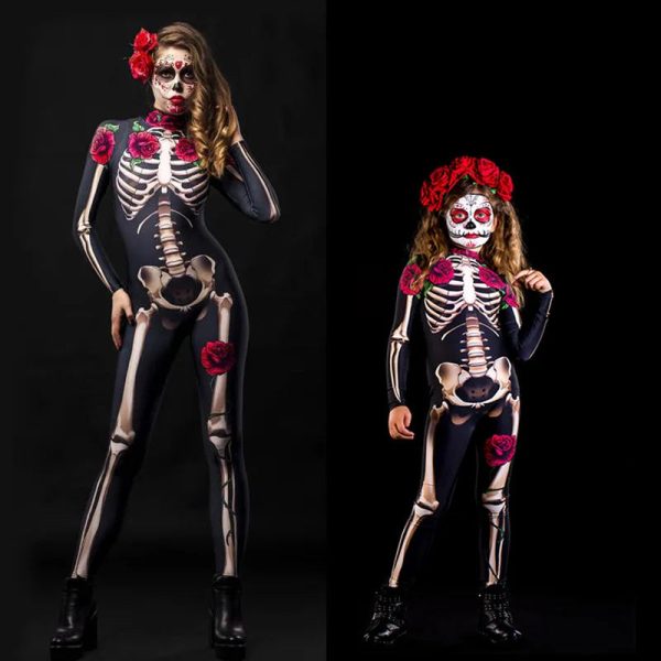 Halloween Masquerade Costume Mother Kids Scary Skull Skeleton One Piece Rose Bodysuit Carnival Girl Family Look Matching Clothes - Image 5