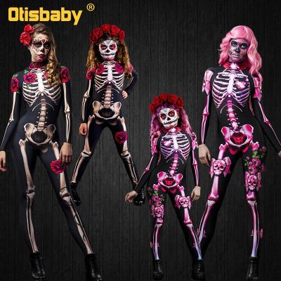 Halloween Masquerade Costume Mother Kids Scary Skull Skeleton One Piece Rose Bodysuit Carnival Girl Family Look Matching Clothes