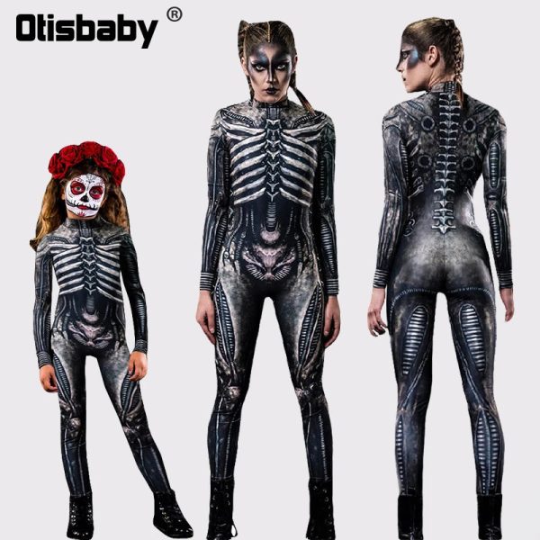 Halloween Masquerade Costume Mother Kids Scary Skull Skeleton One Piece Rose Bodysuit Carnival Girl Family Look Matching Clothes - Image 4