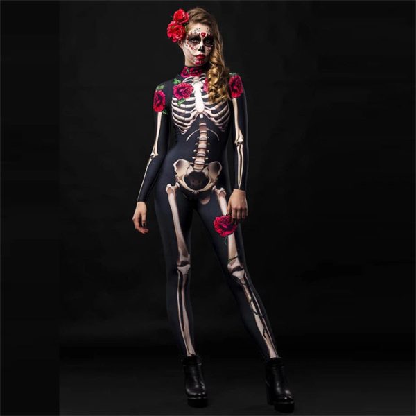 Halloween Masquerade Costume Mother Kids Scary Skull Skeleton One Piece Rose Bodysuit Carnival Girl Family Look Matching Clothes - Image 30