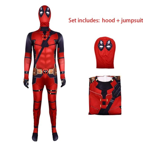 2 Piece Deadpool Wolverine Jumpsuit Red Men Women Cosplay Costume Superhero Headgear Performance Party Halloween Zentai Bodysuit - Image 7