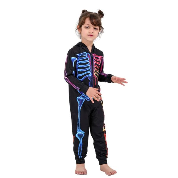Halloween Skeleton Jumpsuit Pajama Set Family Matching Outfit Party Costume Father Mother Kid Family Look Hooded Overalls Pajama - Image 2