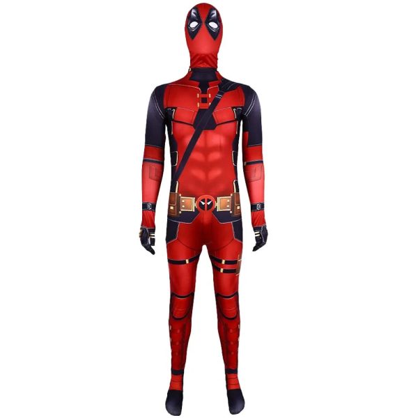 2 Piece Deadpool Wolverine Jumpsuit Red Men Women Cosplay Costume Superhero Headgear Performance Party Halloween Zentai Bodysuit - Image 2