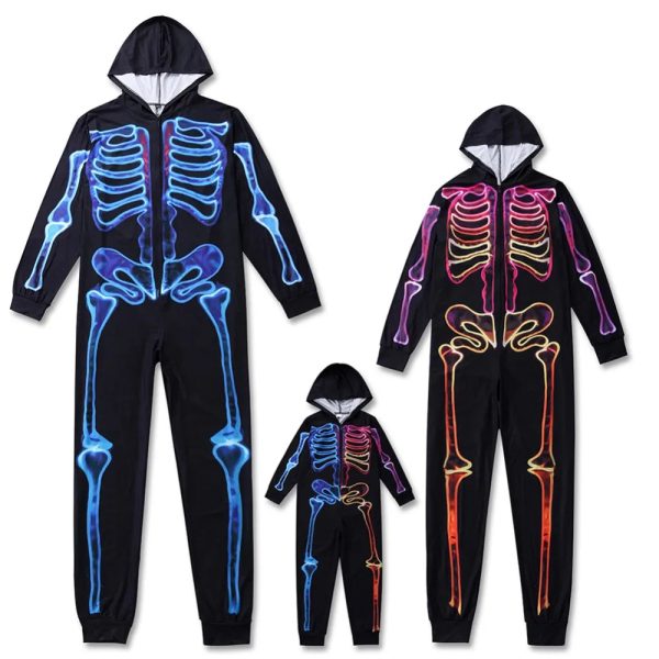 Halloween Skeleton Jumpsuit Pajama Set Family Matching Outfit Party Costume Father Mother Kid Family Look Hooded Overalls Pajama - Image 5