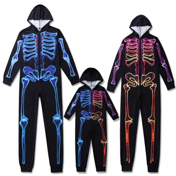 Halloween Skeleton Jumpsuit Pajama Set Family Matching Outfit Party Costume Father Mother Kid Family Look Hooded Overalls Pajama - Image 14