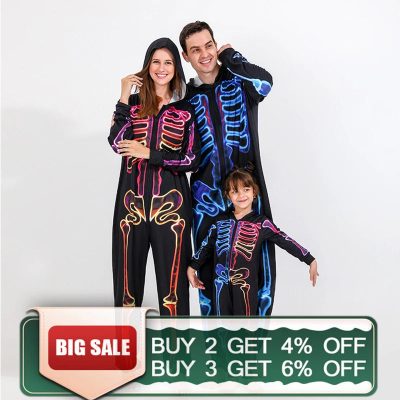 Halloween Skeleton Jumpsuit Pajama Set Family Matching Outfit Party Costume Father Mother Kid Family Look Hooded Overalls Pajama