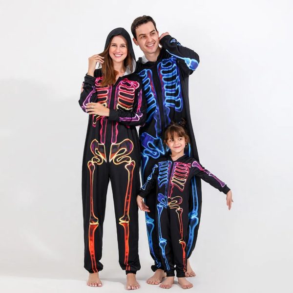 Halloween Skeleton Jumpsuit Pajama Set Family Matching Outfit Party Costume Father Mother Kid Family Look Hooded Overalls Pajama - Image 6