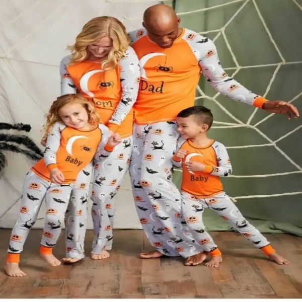 2024 New Halloween Family Pajamas Fashion Grimace Pattern  Family Matching Parent Child Suit Festival Home Orange Clothes - Image 3