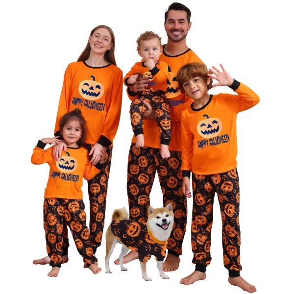 Halloween Pajamas for Family Cute Pumpkin Pattern Long Sleeve Tops + Pants Set Fall Sleepwear