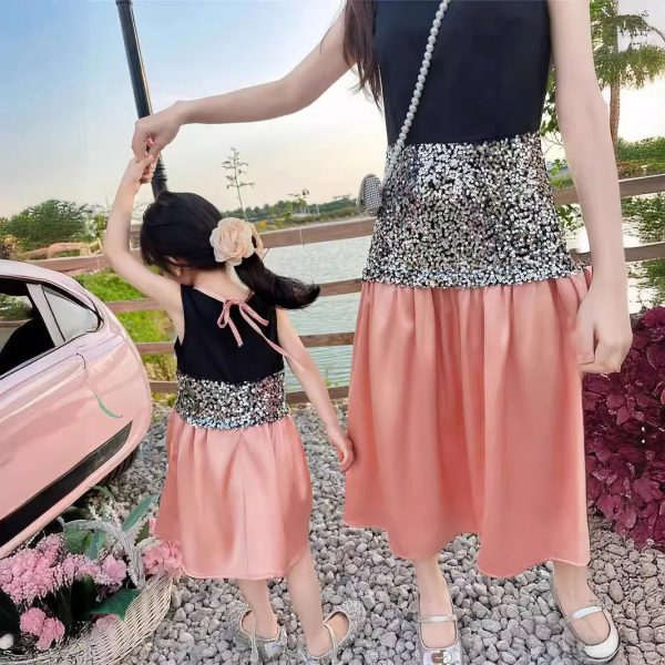 Mom and Daughter Shiny Dress 2024 Summer Mother Baby Girls Equal Clothes Elegant Women Sleeveless Dresses Parent-child Clothing - Image 5