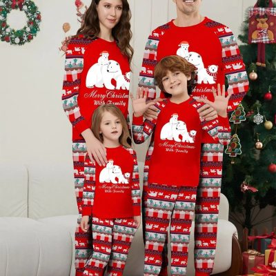 2024 Cartoon Bear Print Family Christmas Matching Pajamas Adults Kids Clothing Set Soft Warm Sleepwear Long Sleeve Loose Pyjamas