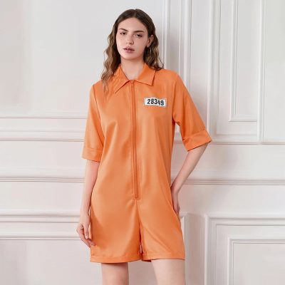 Halloween Prison Jumpsuit Costume Orange Uniform Long Sleeve Playsuit Adult Kid Jail Inmate Criminal Cosplay Costume